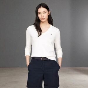 Tommy Hilfiger Women V-Neck Sweater Medium White Cotton Jersey Long Sleeve